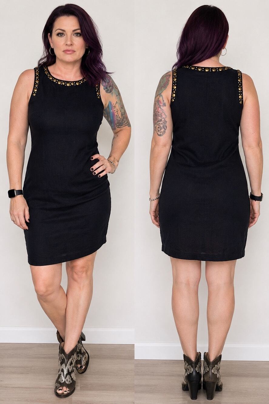 Relativity Black 100% Linen Studded Sleeveless Sheath Dress approximate Large